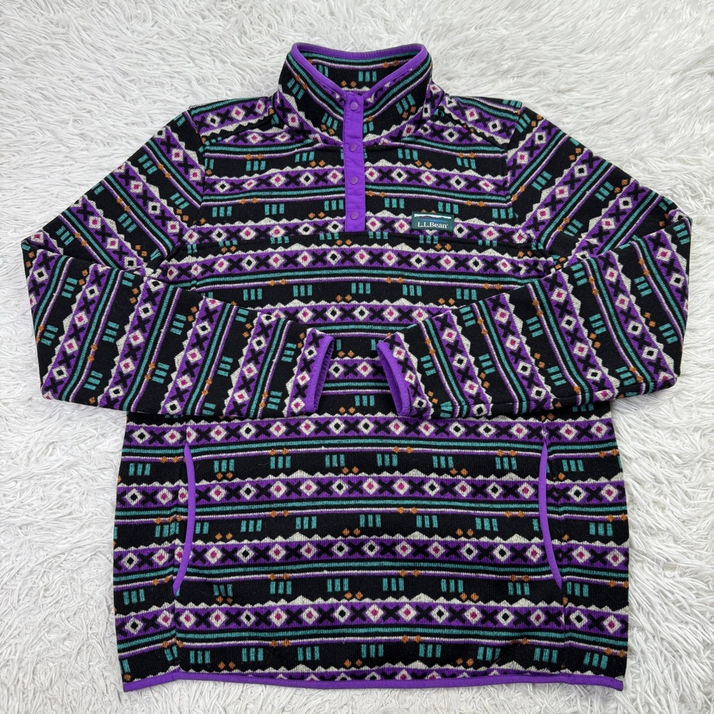 LL Bean Jacket Womens Large Purple Geometric Aztec Southwest Pattern Fleece Snap